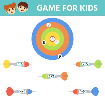 Education logic game for preschool kids. Kids activity sheet. Match of hit the target. Solve an example. Children funny riddle entertainment.のイラスト素材
