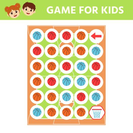 Education logic game for preschool kids. Kids activity sheet. Maze with basketballs ball.  Children funny riddle entertainment.のイラスト素材