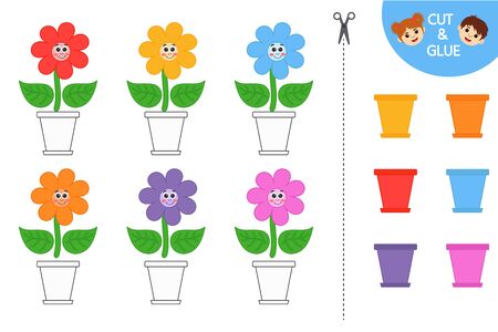 Education logic game for preschool kids. Kids activity sheet. Find color matching. Cute flowers in a pots. Children funny riddle entertainment.のイラスト素材