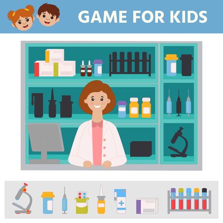 Education logic game for preschool kids. Kids activity sheet. Find the right shadow. Pharmacy. Set of medical items. Children funny riddle entertainment.のイラスト素材