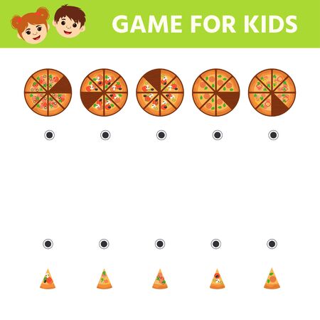 Education logic game for preschool kids. Kids activity sheet. Pick the appropriate piece of pizza. Children funny riddle entertainment.のイラスト素材