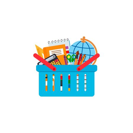 School Supplies: ball point pens, pencils, scissors, books, stationery knife, notebook, calculator, globe In Basket. Sale. Vector illustrationのイラスト素材
