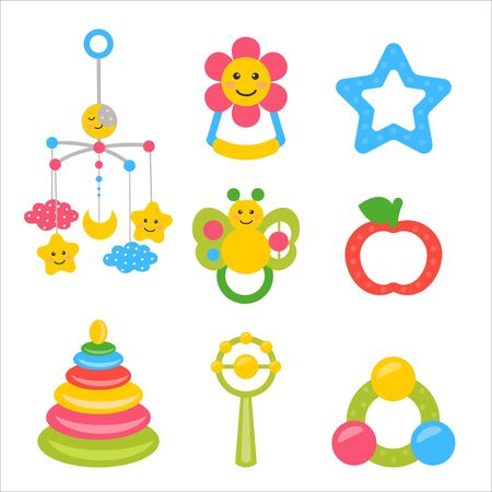 Children's toys - rattles plastik, Baby mobile toy on the bed, Rodent for newborns. Vector illustration for baby invitation, template for scrapbooking, cardsChildren's toys - rattles plastik, Baby mobile toy on the bed, Rodent for newborns. Vector illustration for baby invitation, template for scrapbooking, cardsのイラスト素材