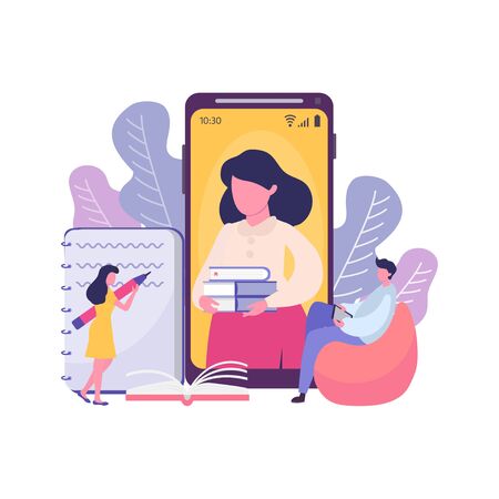 Online course.E-learning concept. Lesson via internet. Illustration with small people, smartphone can use for landing page, web, mobile, app, banner, poster, flyer, templateのイラスト素材