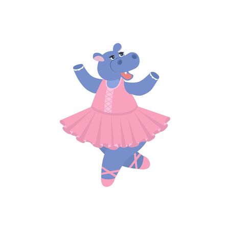 Cute cartoon hippo in ballerina dresses. Vector illustration Can be used for t-shirt print, kids wear fashion design, baby shower invitation card.のイラスト素材
