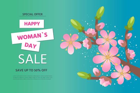 Women's day. Advertise. 8 march. Background  with cherry branch. Spring Holiday Sale gift card coupon. Vector illustration for postcards,posters, coupons, promotional materialのイラスト素材