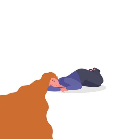 Unhappy Woman in depression.  Fatigue syndrome, PTSD, depression, sorrow, sadness, mental disorder, illness. Psychological support, help, psychotherapy. Vector illustration for web banner, infographics, presentationのイラスト素材