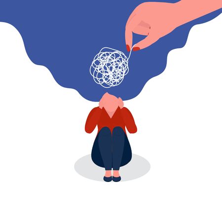 Depressed,sad,unhappy young girl sitting. Vectorillustration icon design. Mental health, depression, frustration, sad, upset, PTSD conceptのイラスト素材