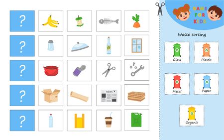 Game for children with pictures. Sorte the waste: glass, metal, paper, organic, plastic. Activity for pre school years kids and toddlers.のイラスト素材
