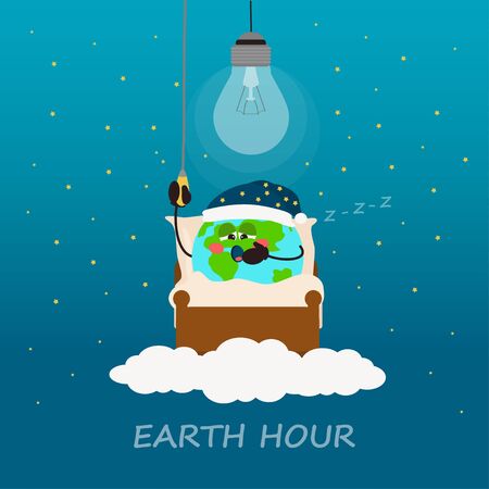 Cute Earth. Earth hour. Banner, poster, card. Earth planet Sleeping 60 Minute. Vector illustrationのイラスト素材