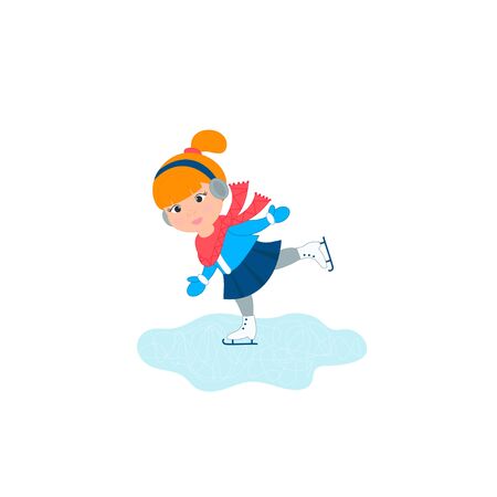 Cute little girl in warm clothes skating happy. Vector Illustrationのイラスト素材
