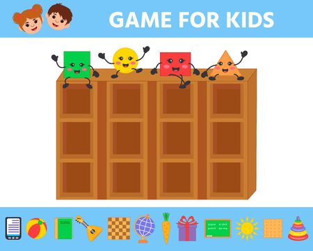 Educational worksheet for children. Game for Kids.  Match of geometric figures and objects. Triangle, square, circle, rectangle. Worksheet for kids learning forms.  Logic puzzle gameのイラスト素材