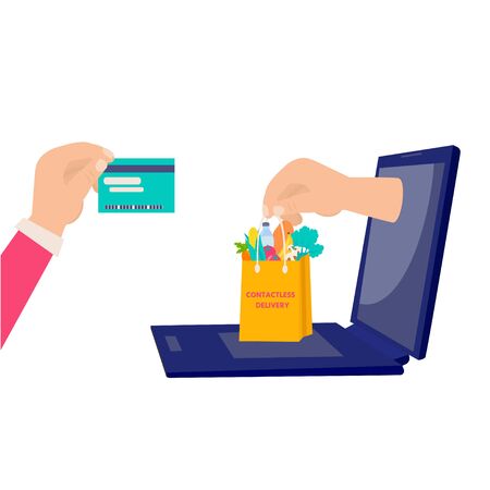 Contactless Delivery of food from courier to customer. Delivery from grocery store on home and office. Vector illustration for banner, web page, flayer, advertisingのイラスト素材