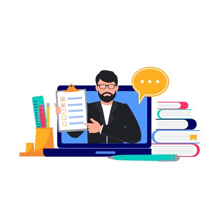 Distance Learning. Teacher on Monitor. Online Education and E-Learning Concept. Self isolation, quarantine due to coronavirus prevention. Stay at home. Vector Illustration for web page, baner,  poster, cardのイラスト素材