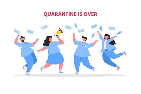 Doctors, nurses and medical staff tossing their face medical masks. We defeated Coronavirus. Pandemic end concept. Quarantine is over. Vector illustrationのイラスト素材
