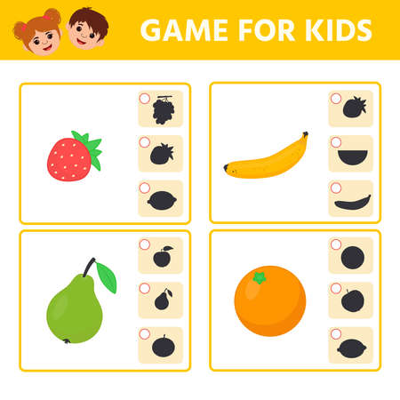 Educational worksheet for children. Game for Kids. Find matching item and shadow. Worksheet for kids learning forms. Logic puzzle game. Vector illustrationのイラスト素材