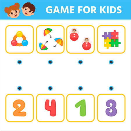 Education logic game for preschool kids. How many objects task, Puzzle. lotto. Learning mathematics, numbers. Kids activity worksheet.のイラスト素材