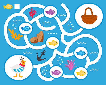 Vector maze game for preschool children. Learn count. Help the pelican collect fish. Logic puzzle game. Activity  Worksheet for kids learning forms. のイラスト素材