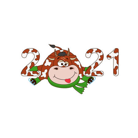 Symbol new year 2021 - Cartoon funny bull, cow. Christmas illustration template for poster, postcard or calendar, invitationのイラスト素材