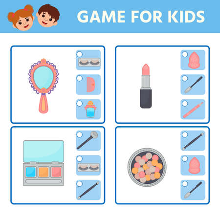 Educational worksheet for children. Game for Kids. Find matching item. cosmetic objects. Activity  Worksheet for kids learning forms. Logic puzzle game. Vector illustrationのイラスト素材