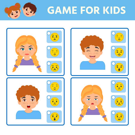 Math Game for children task for the development of logical thinking. We find the correspondence of emotion and emoticon. Preschool worksheet activity. vector illustrationのイラスト素材
