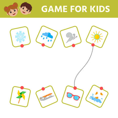 Educational worksheet for children. Game for Kids. Find matching item. weather. Activity Worksheet for kids learning forms. Logic puzzle game. Vector illustrationのイラスト素材