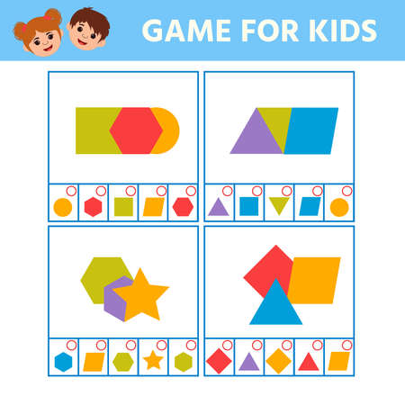 Educational worksheet for children. Game for Kids. Match of geometric figures and objects. Triangle, square, circle, rectangle. Worksheet for kids learning forms. Logic puzzle gameのイラスト素材