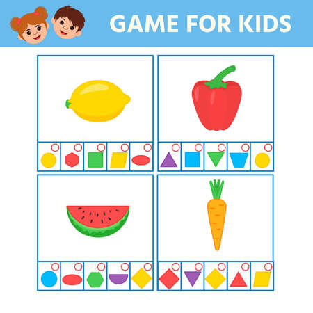 Educational worksheet for children. Game for Kids. Match of geometric figures and objects. Triangle, square, circle, rectangle. Worksheet for kids learning forms. Logic puzzle gameのイラスト素材
