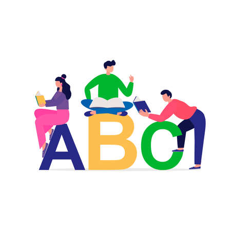 Foreign language learning course concept, logo. Girls and guys on the background of letters. Foreign language training, translation school, online training. vector illustrationのイラスト素材