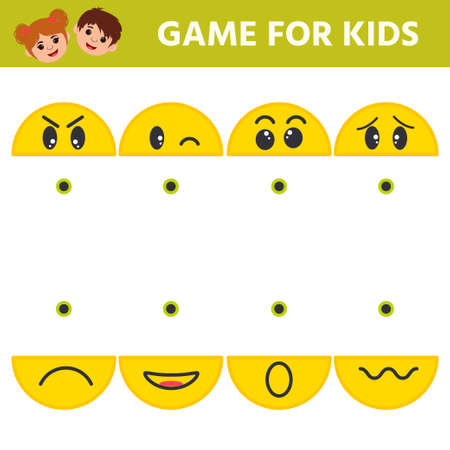 Logical Game for kids. Smile with your emotions. Angry, sad, cunning, happy and surprised. Developing kids attention. printable worksheetのイラスト素材