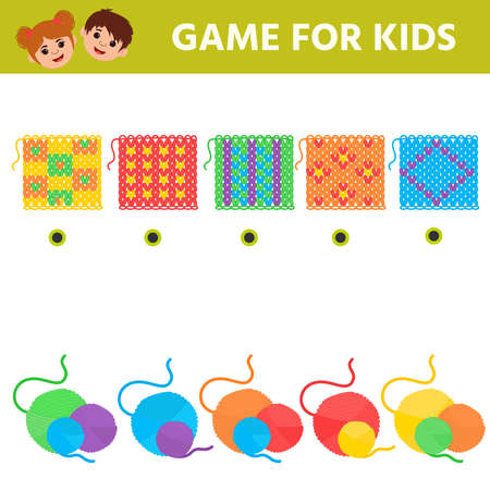 Educational worksheet for children. Game for Kids. Join the sample with threads. Yarn colorful. Logic puzzle game. Activity for pre school years kids and toddlersのイラスト素材