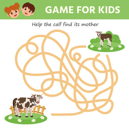 Maze game for kids. Help the calf find his mom a cow. Developing kids attentiveness and spatial thinking skills. printable worksheetのイラスト素材