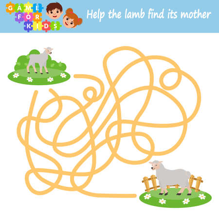 Maze game for kids. Help the lamb find his mother a sheep. Developing kids attentiveness and spatial thinking skills. printable worksheetのイラスト素材