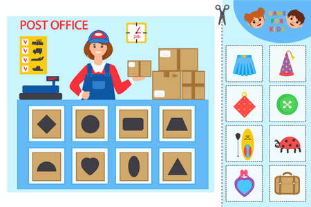 Educational worksheet for children. Game for Kids. Find items in the picture. post office. Logic puzzle game. Activity for pre school years kids and toddlersのイラスト素材