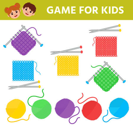 Educational worksheet for children. Game for Kids. Join the sample with threads. Yarn colorful. Logic puzzle game. Activity for pre school years kids and toddlersのイラスト素材
