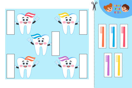 Educational game for kids. Kawaii cartoon tooth. Choose Toothbrush by color. Template Vector Illustration. Worksheet for educationのイラスト素材