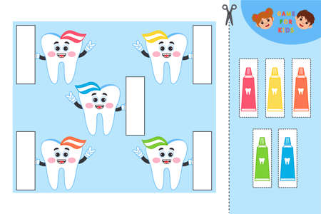 Educational game for kids. Kawaii cartoon tooth. Choose toothpaste by color. Template Vector Illustration. Worksheet for educationのイラスト素材