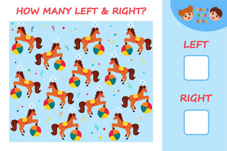 Educational game for kids. left and right. Kids activity with cartoon circus cute horse. Template Vector Illustrationのイラスト素材