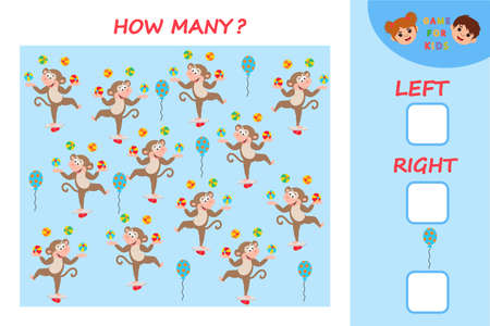 Educational game for kids. left and right. Kids activity with cartoon circus cute a monkey juggler. Template Vector Illustrationのイラスト素材