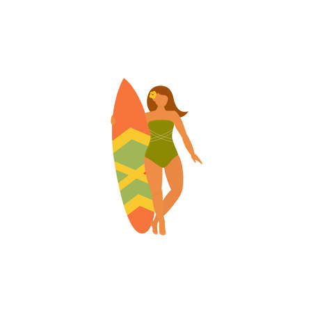 Girl surfer in swimsuit with a surf board surfing in the sea, ocean. Concept of summer sports and leisure outdoor activities isolated on white background. vector cartoon designのイラスト素材