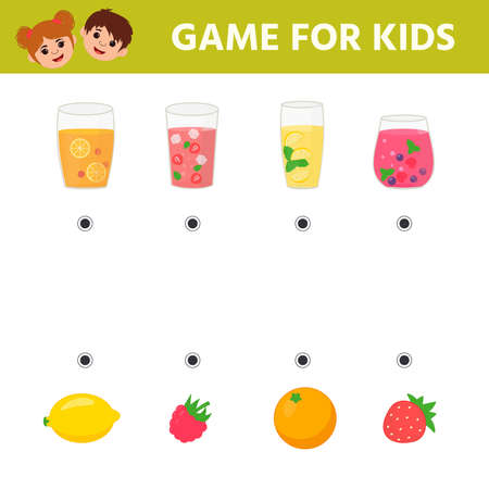 Math educational Game tasks for kids for attention. Worksheet with cartoon fruits and glasses with juice. working pages for children. vector illustrationのイラスト素材