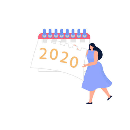 Concept good bye year 2020. Woman tears off a sheet of calendar with the inscription 2020. Vector illustrationのイラスト素材