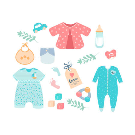 Big set baby stuff. Baby goods for newborns. Clothing, toys, accessories. Vector illustration can be used for landing page, web, mobile app, banner, poster, flyer, scrubbingのイラスト素材