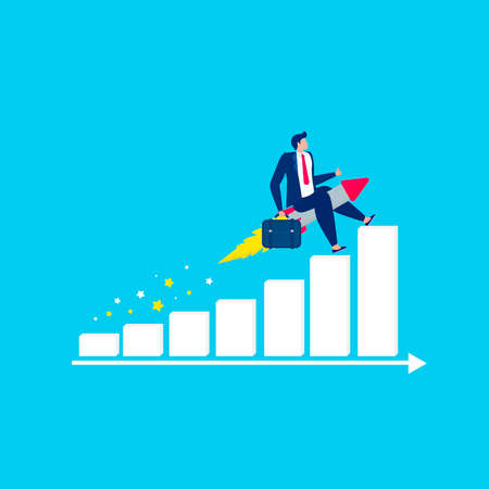 Man on the top of stairs. Achievement success aim and progress Business. leadership teamwork. Vector illustration for landing page, web, mobile app, banner, posterのイラスト素材
