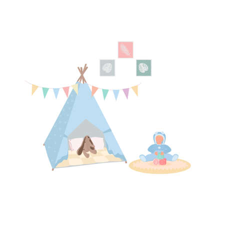 Vector illustration of Wigwam, children's room and the child is played on the rug with cubes....