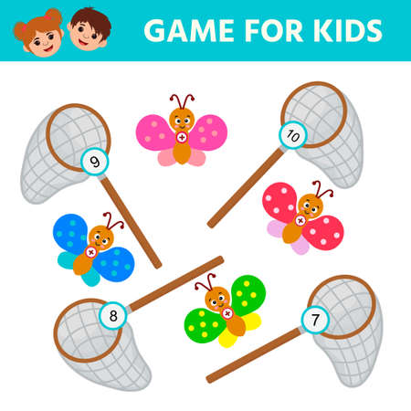 Matching game for preschool kids. Catch a butterfly in a butterfly net according to the numbers. Puzzle with cute funny smiling butterflyのイラスト素材