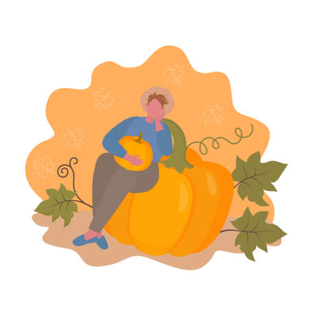 Fall harvesting and agriculture farming concept. thanksgiving day. Festive Pumpkin. Vector flat cartoon people characters illustrationのイラスト素材