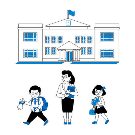 Back to School, set. Vector illustration for poster, flyer or banner, web page with school building, schoolboy and sholgirl, teacherのイラスト素材