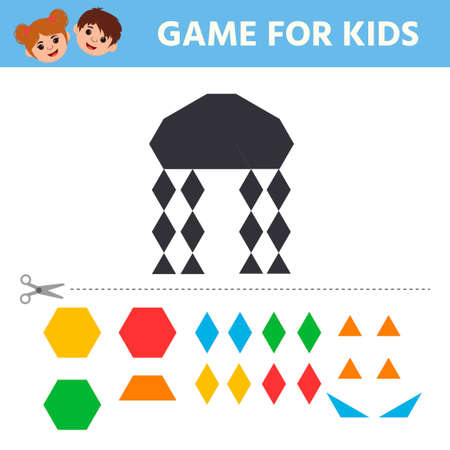 Education logic game for preschool kids. Connect the details and geometric shapes. preschool worksheet activity. Children funny riddle entertainment. vector illustrationのイラスト素材