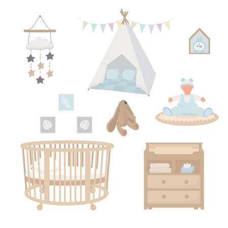 Nursery interior with kids bed, changing table, wigwam, toy hare, decorating for a child's room. Vector Illustration for presentation, print, banner, scrapbooking, cardのイラスト素材